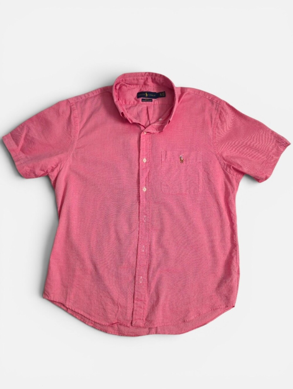 Ralph Lauren Pink Short‎ Sleeve Button Down Slim Fit Chambray Oxford Shirt